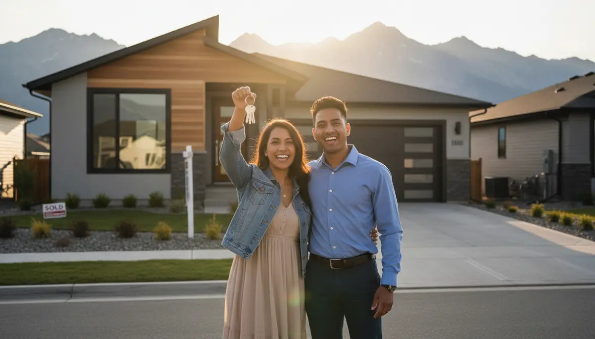 Young couple holding house keys outside their first Calgary home with Rocky Mountains in the background