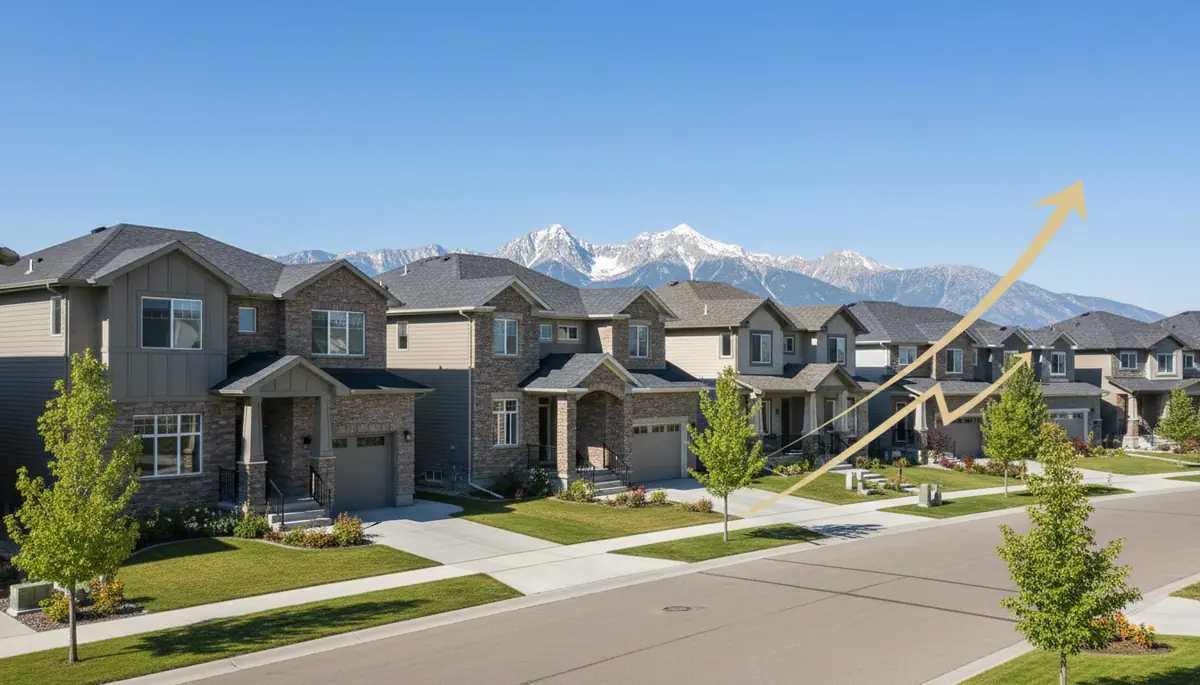 Row of investment rental properties in a Calgary suburb with Rocky Mountain backdrop