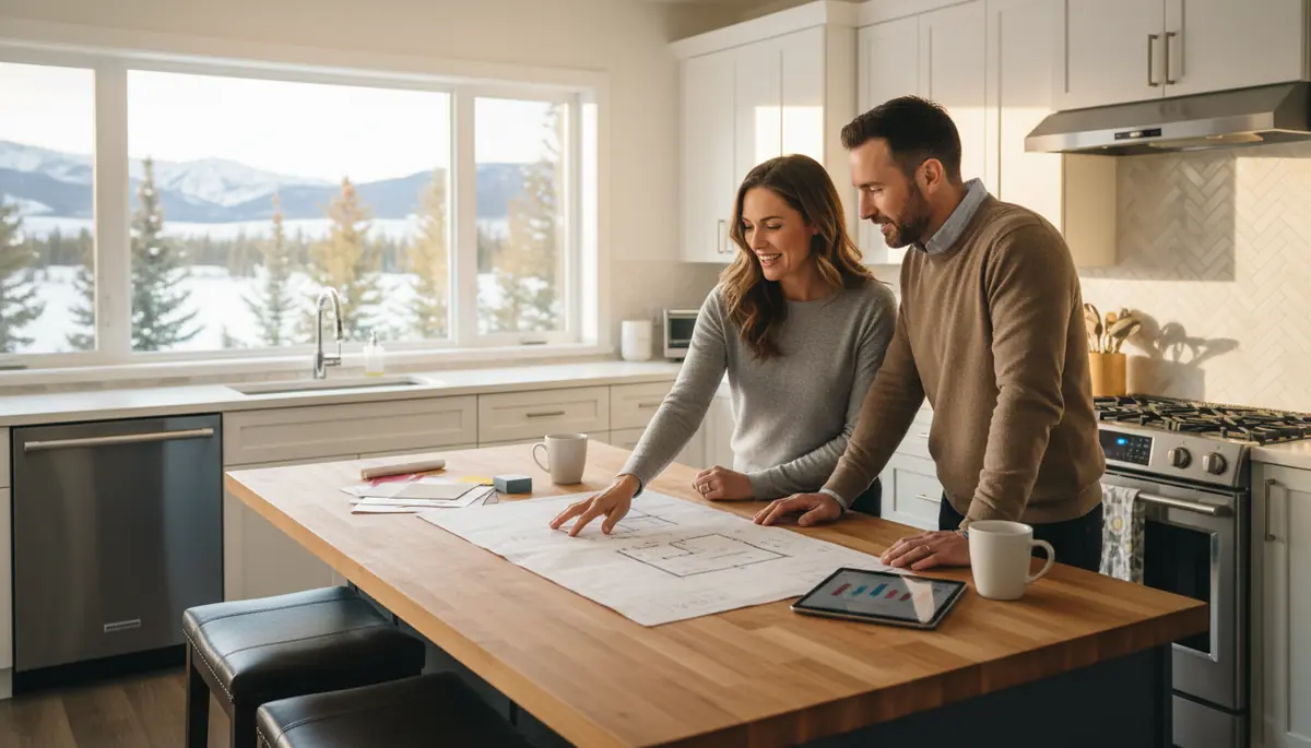 Couple reviewing home renovation plans in their Calgary home, representing refinancing and home equity access