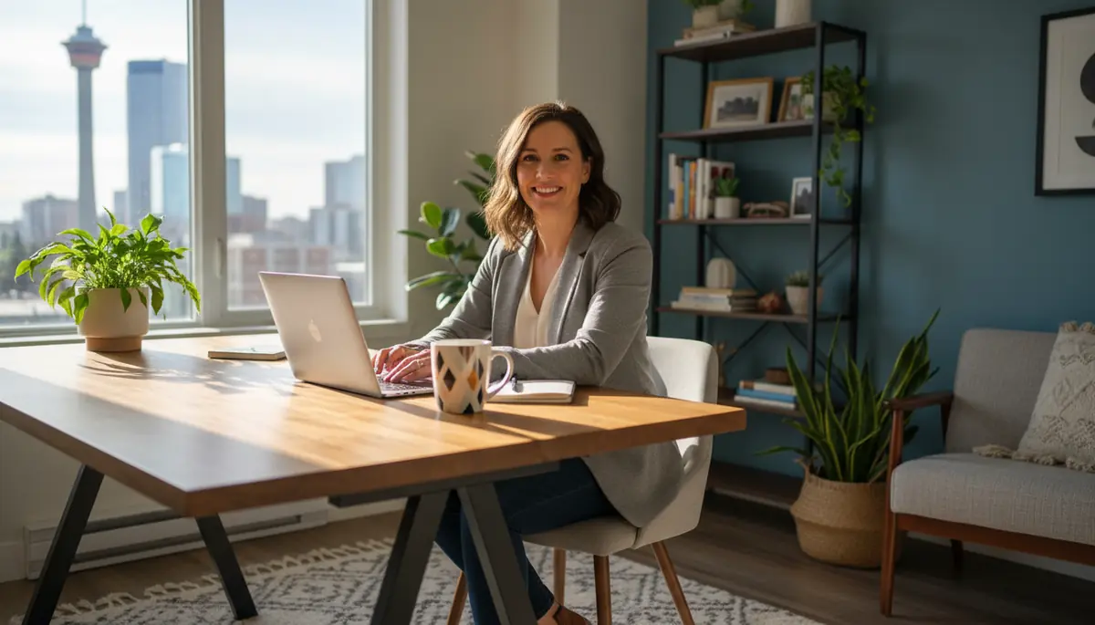 Self-employed professional working in a bright Calgary home office, representing mortgage solutions for entrepreneurs